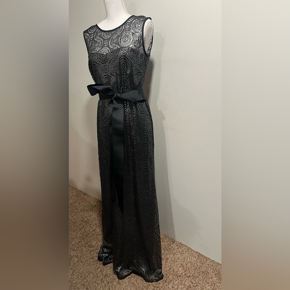 Betsy & Adam Black and Silver Lace Maxi Dress, Size 12
